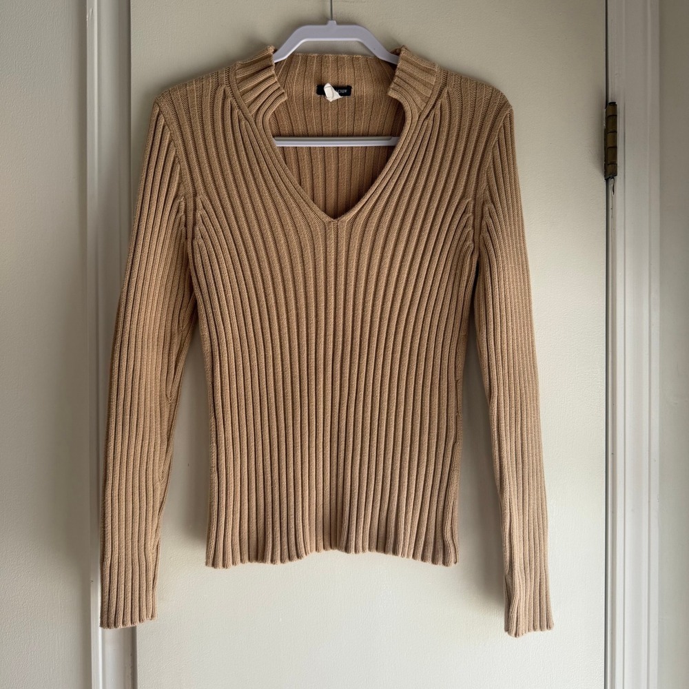 J. Crew Ribbed V Neck Long Sleeve Sweater Camel Tan Women Size Medium